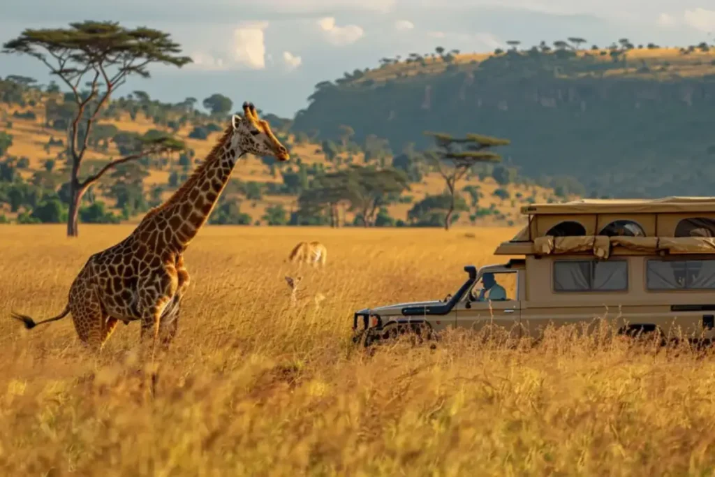 giraffe-is-standing-grass-with-car-background-2048 - Wakari Africa Safaris